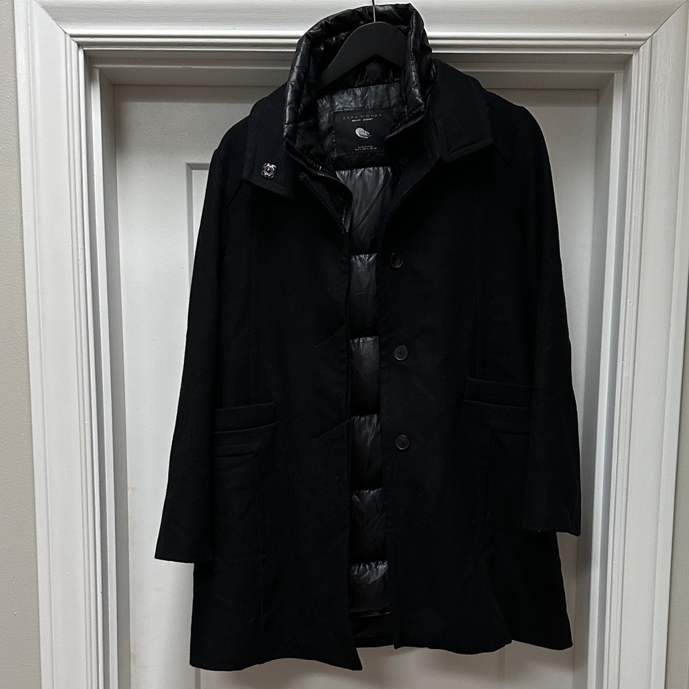 Zara wool blend pea coat with removable goose down vest size medium